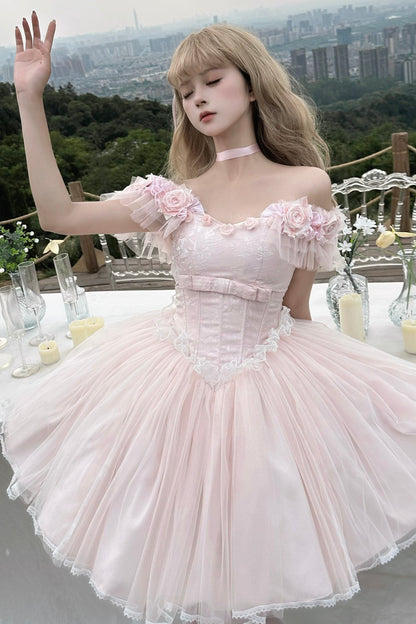 ライトピンキースイートロリータドレス+リボンテール