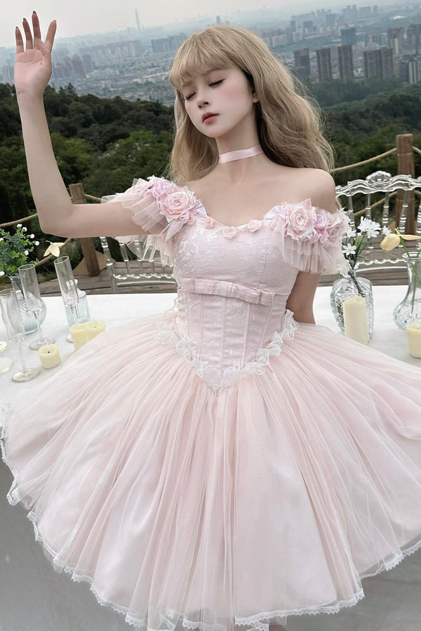 ライトピンキースイートロリータドレス+リボンテール