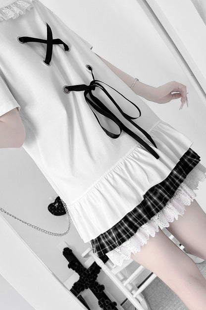 Lala-chan White Nights original design subculture print off-the-shoulder tie dress girly sweet and cool outfit