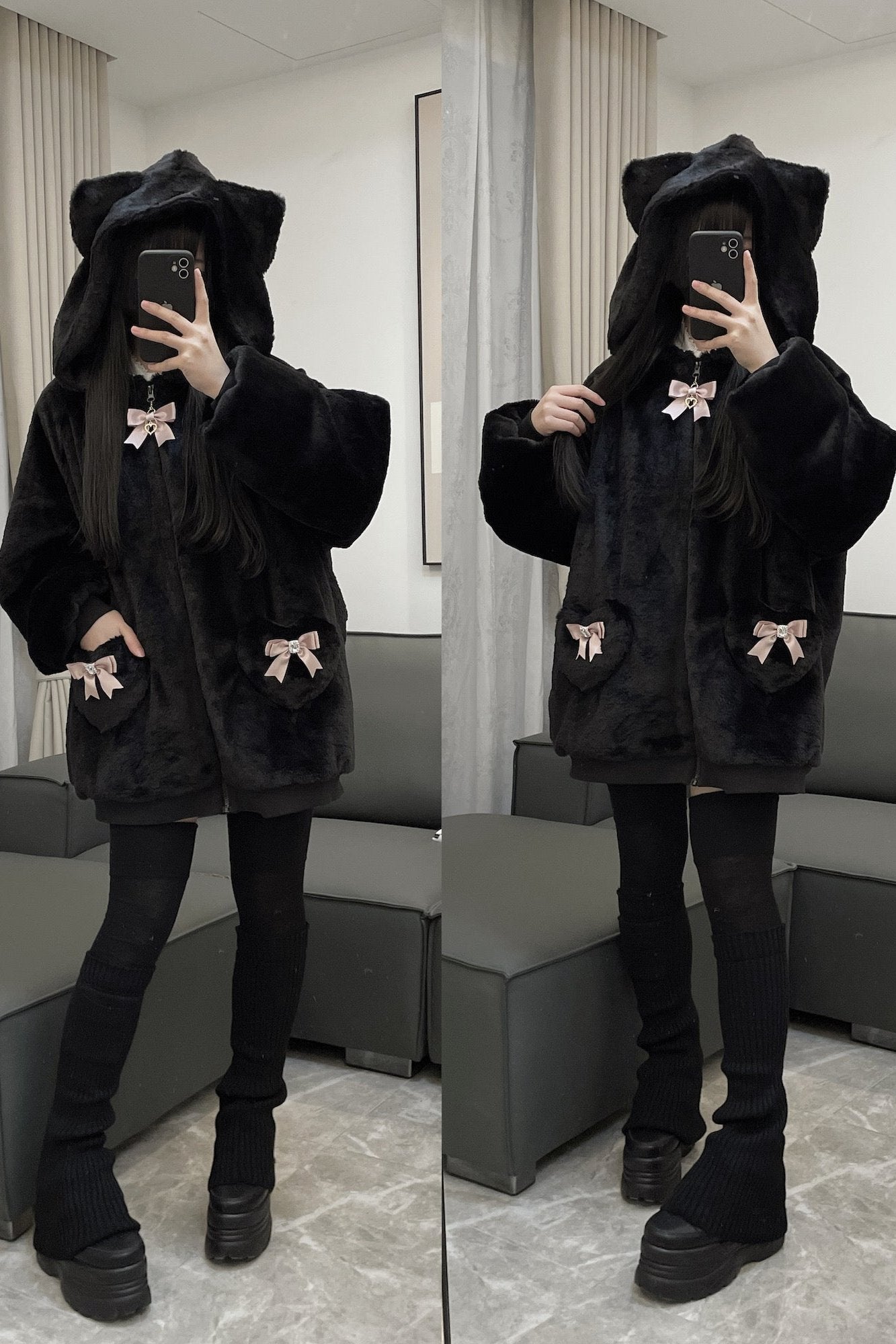 [Reserved product] Cat ear hoody suite ribon plash coat