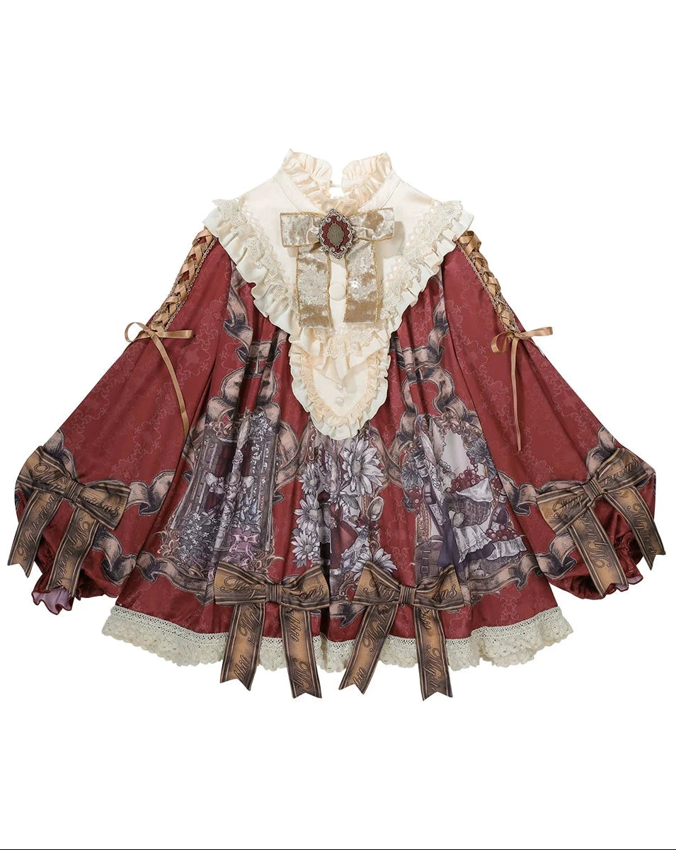 【11月3日予約締切】Antique Bow Burgundy Rabbit Print Frill Doll Dress + Shorts Set