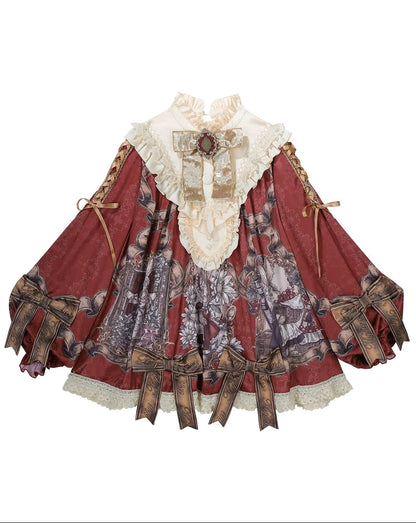 【11月3日予約締切】Antique Bow Burgundy Rabbit Print Frill Doll Dress + Shorts Set