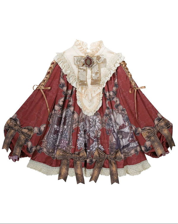 【11月3日予約締切】Antique Bow Burgundy Rabbit Print Frill Doll Dress + Shorts Set