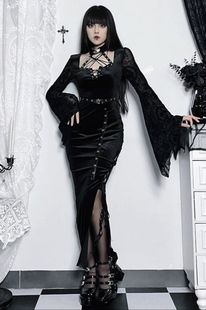 Vintage Gothic Slit Suede Dress