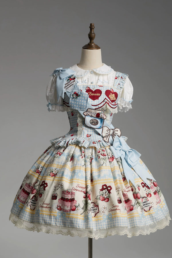 [Vorbestellung bis 14. März] Castle-Strawberry-Süß-Lolita-Hosenträgerrock + Oberteil + Unterhemd + Stirnband + Band