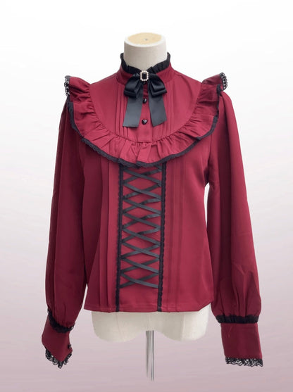 Lace Stand Collar Ruffle Mine Ribbon Shirt