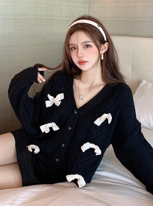 Ribbon Pearl Cable Knit Cardigan