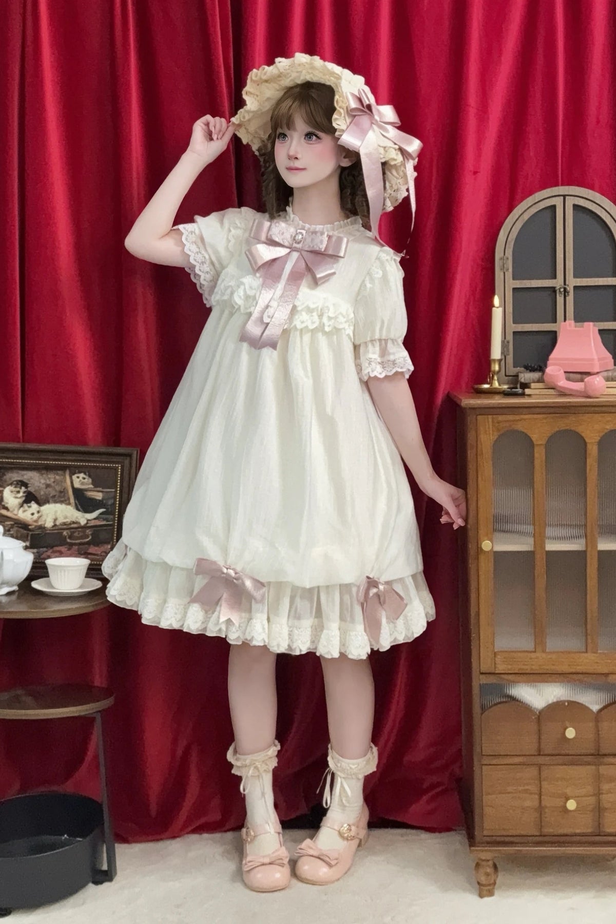 【9月19日予約締切】Pink x Beige / Dark Blue x Beige Doll Style Sweet Lolita Bow Lace Puff Sleeve Dress + Dress Set + Full Set