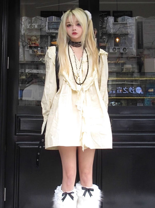 Subculture V neck Ruffle Doll shirt dress