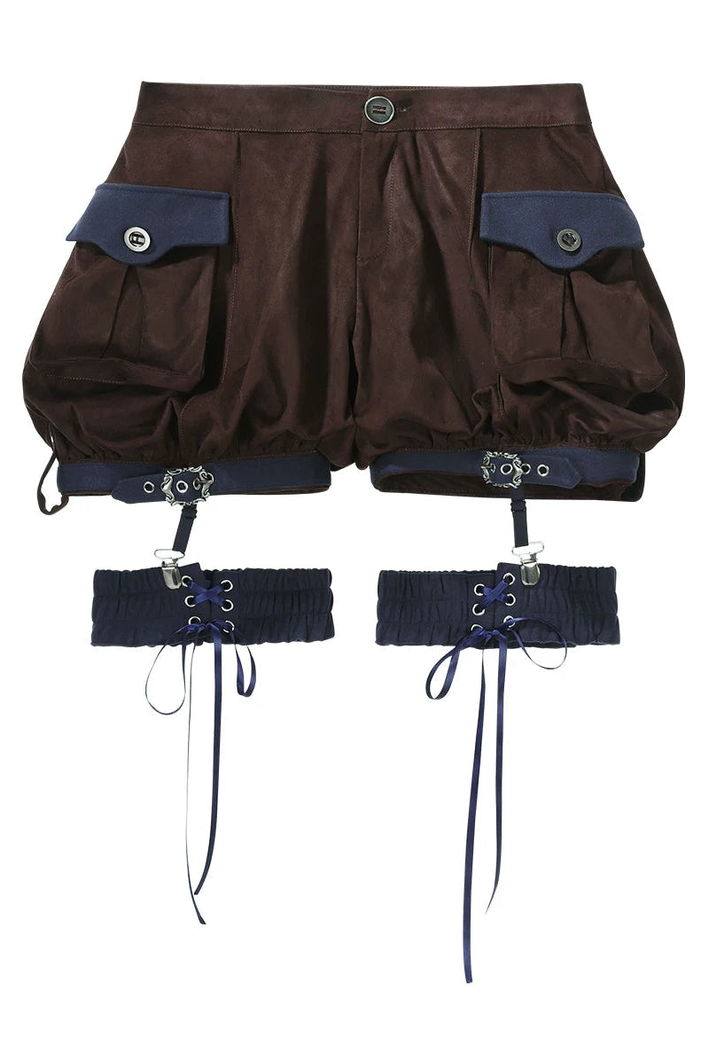 【10月6日予約締切】Dark Navy X Brown Prince Lolita Asymmetrical Cape + Black Knit Top + Leg Ring Shorts + Belt With Pockets + Scarf Ouji Fashion