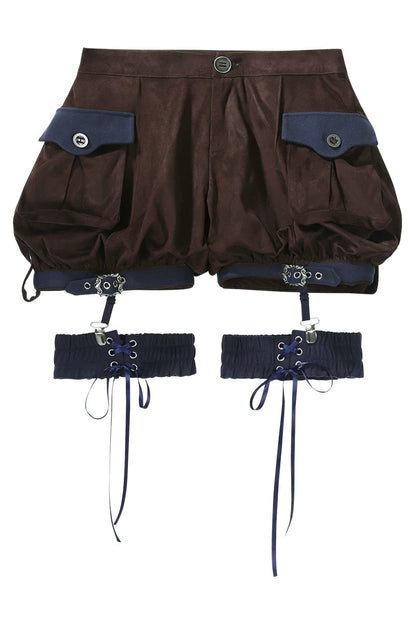 【10月6日予約締切】Dark Navy X Brown Prince Lolita Asymmetrical Cape + Black Knit Top + Leg Ring Shorts + Belt With Pockets + Scarf Ouji Fashion