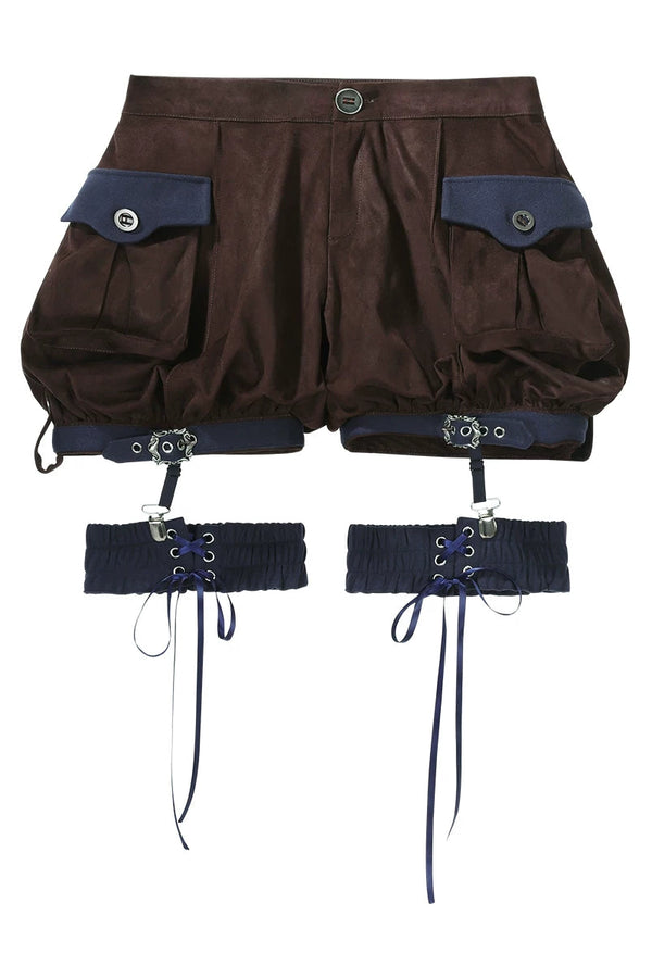 【10月6日予約締切】Dark Navy X Brown Prince Lolita Asymmetrical Cape + Black Knit Top + Leg Ring Shorts + Belt With Pockets + Scarf Ouji Fashion