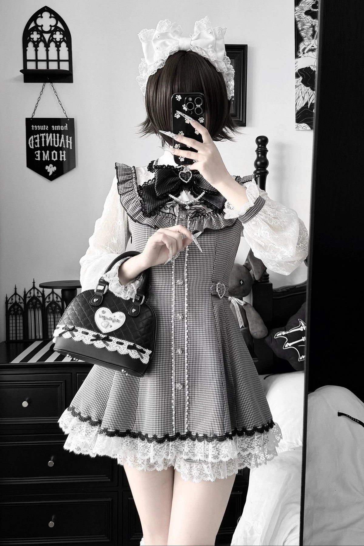 [Pre-order Deadline: November 15] Houndstooth Lace Sleeve Ruffle Dress + Matching Shorts + Pearl Ribbon Set
