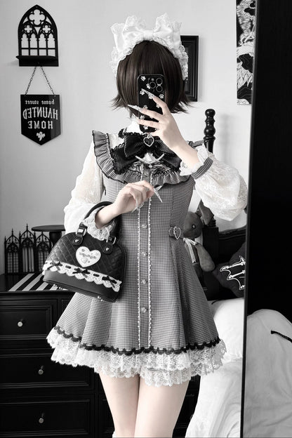 [Pre-order Deadline: November 15] Houndstooth Lace Sleeve Ruffle Dress + Matching Shorts + Pearl Ribbon Set