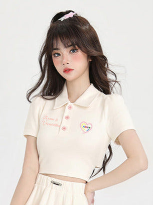 Short polo collar shirt with back ribbon + ballet style skirt