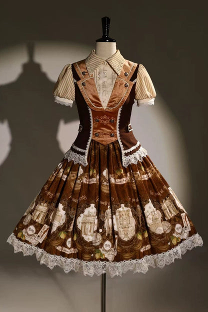 [Reservation Deadline: November 6] Navy Blue/Brown Classic Italian Travel Diary Lolita Stripe Puff Sleeve Bow Lace Vintage Print One-Piece Dress