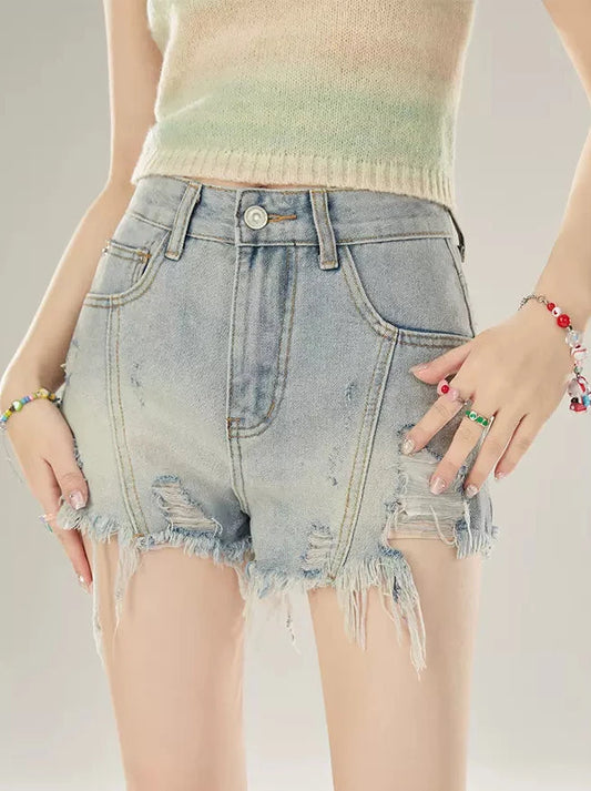11SH97 denim shorts women's summer 2024 new worn-out raw fringe slim slim hot pants