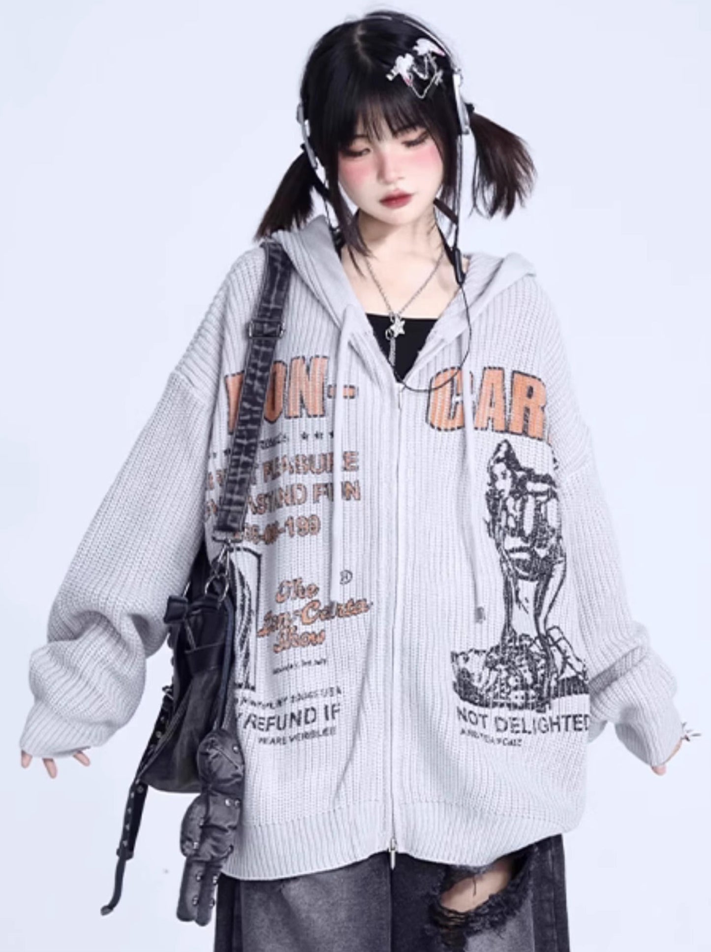 American Retro Letter Print Oversized Hoodie Zip Knit Cardigan