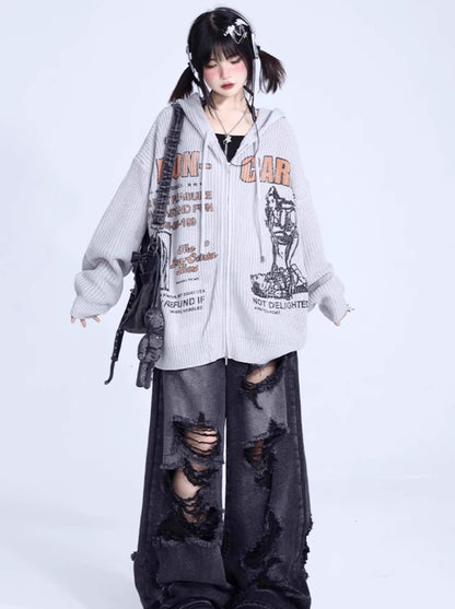 American Retro Letter Print Oversized Hoodie Zip Knit Cardigan