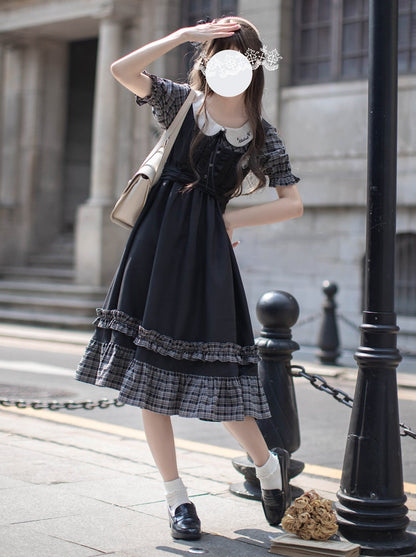 [Reservations] Chic Retro Check Suspender Dress + Shirt + Badge