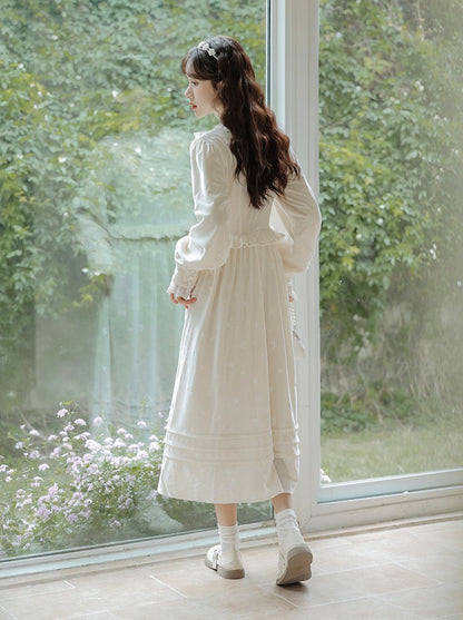 Milk Ruffle Flared Long Dress + Garden Cardigan