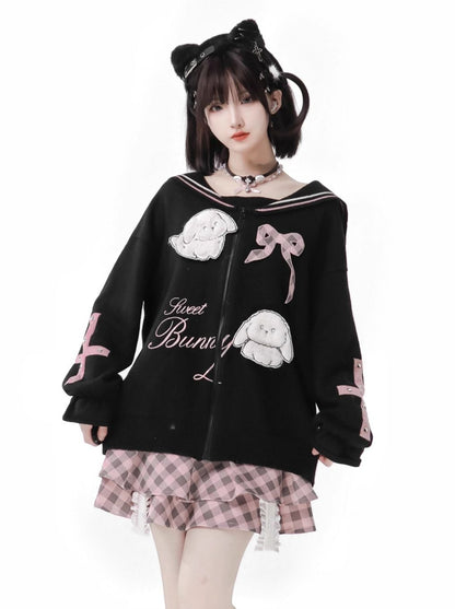 Pinksavior [Peach Cocoa] Black Navy Collar Age-Reducing Spring and Summer Knitted Sweater Detachable Cardigan Set