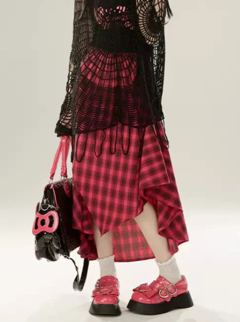 11SH97 Red Retro Plaid Skirt Women's Spring and Summer New Design Irregular A-Line Slim Midi Skirt