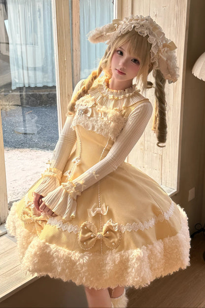 【11月7日予約締切】Yellow/Pink Sweet Lolita Ribbon Lace Headband With Lamb Ear Accent + Fluffy Lamb Brooch