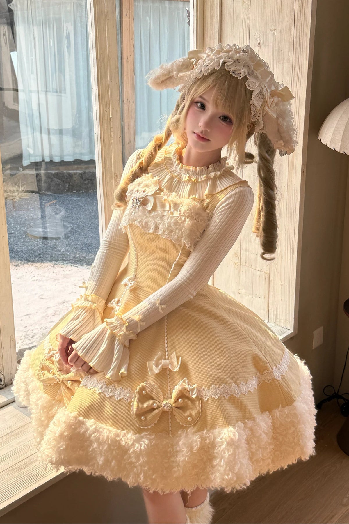 【11月7日予約締切】Yellow/Pink Sweet Lolita Lace Ribbon Fluffy Hem JSK Dress + Ruffle Neck Ribbed Bell Sleeve Top