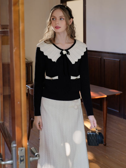 French Color Block Wave Lapel Ribbon Retro Sweater Cardigan