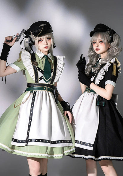 Schwarz-grünes Militär-Maid-Lolita-Kleid Komplettset