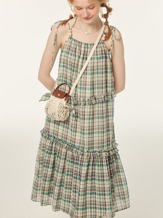 French Retro Holiday Style Long Sleeveless Checked Dress