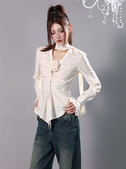 Rose Ruffle Slim Fit French Retro Lace V-Neck Shirt