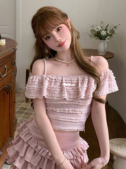 ピンクジェムドールリボンオフショルダースリムサスペンダートップス