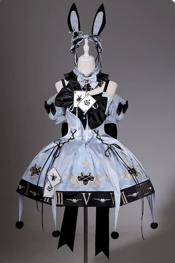 [Reservierungsschluss 10. Juli] Blau-schwarzes Alice-Gothic-Lolita-Komplettset mit Hasenohren-Haarreif und Kleid