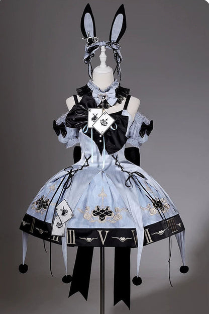 [Reservierungsschluss 10. Juli] Blau-schwarzes Alice-Gothic-Lolita-Komplettset mit Hasenohren-Haarreif und Kleid