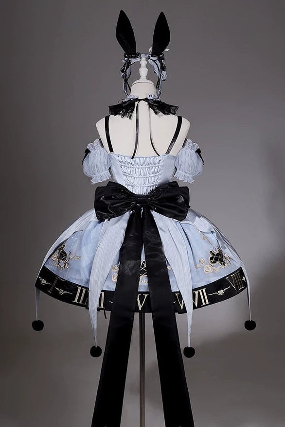 [Reservierungsschluss 10. Juli] Blau-schwarzes Alice-Gothic-Lolita-Komplettset mit Hasenohren-Haarreif und Kleid