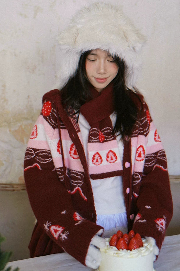 Strawberry Jacquard Knit Scarf