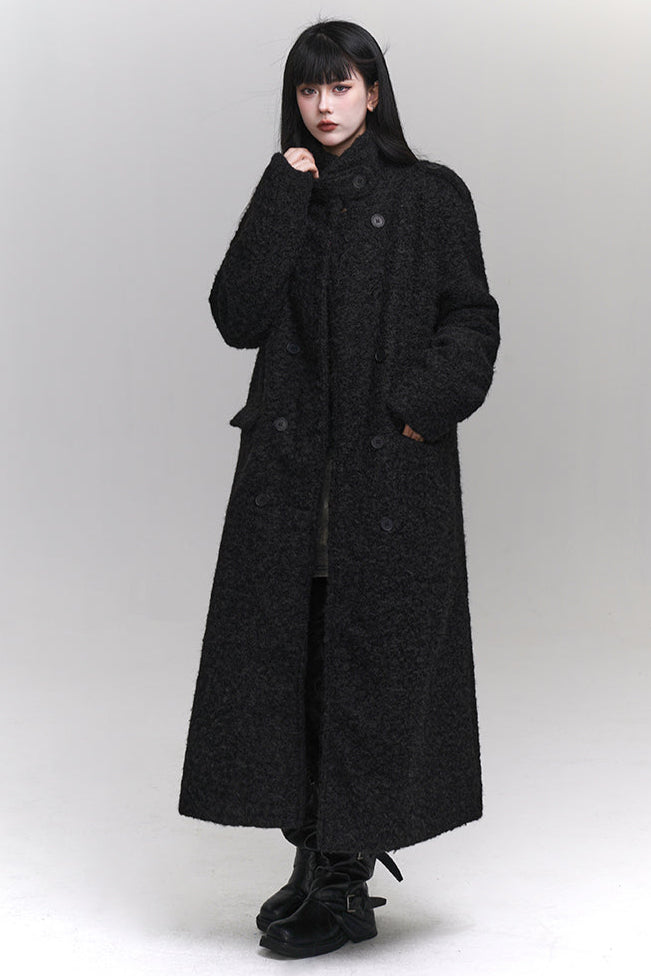 High neck mode dark long wool coat