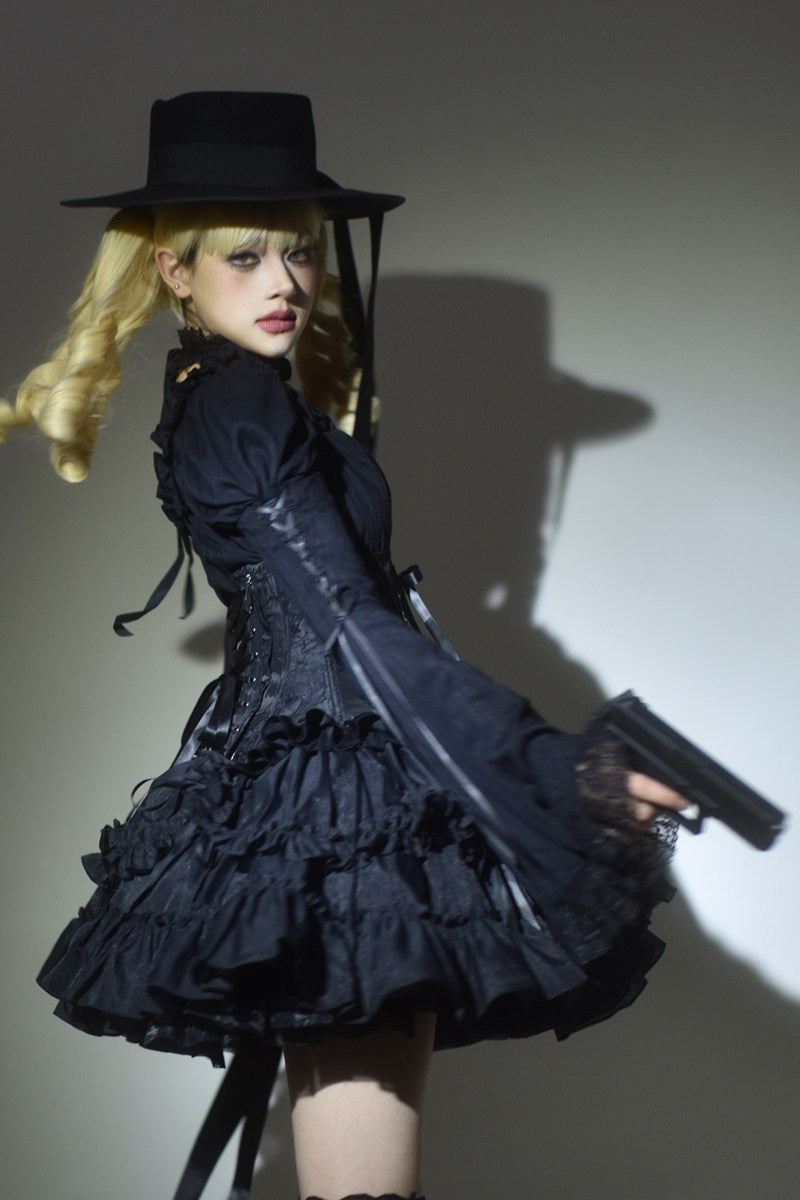 【1月29日予約締切】ブラックホワイトゴシックジャカードレースアップコルセット＋ドロストフリルスカート