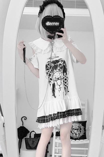 Lala-chan White Nights original design subculture print off-the-shoulder tie dress girly sweet and cool outfit