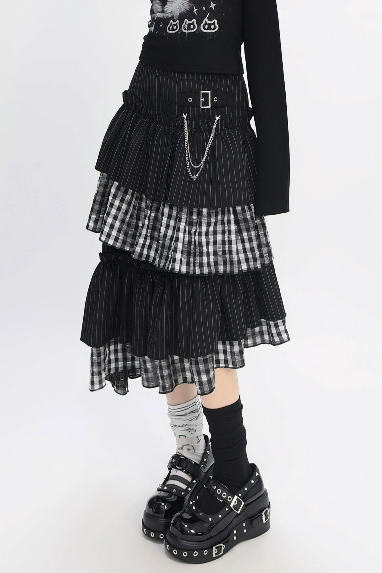 クールパッチワークアートヴィンテージストライプスカート