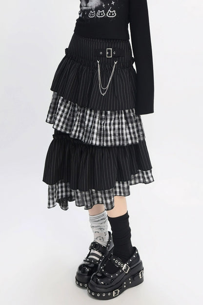 クールパッチワークアートヴィンテージストライプスカート