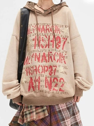 Design wash damaged letter print hooded sweatshirt