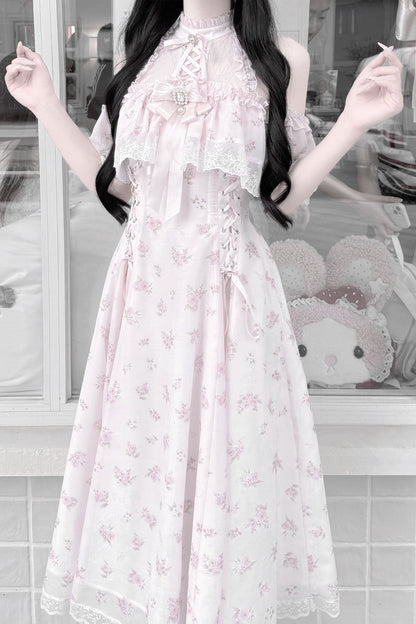 【6月15日予約締切】ピンクフローラルシフォンレースジュエルリボンオープンショルダーロングドレス