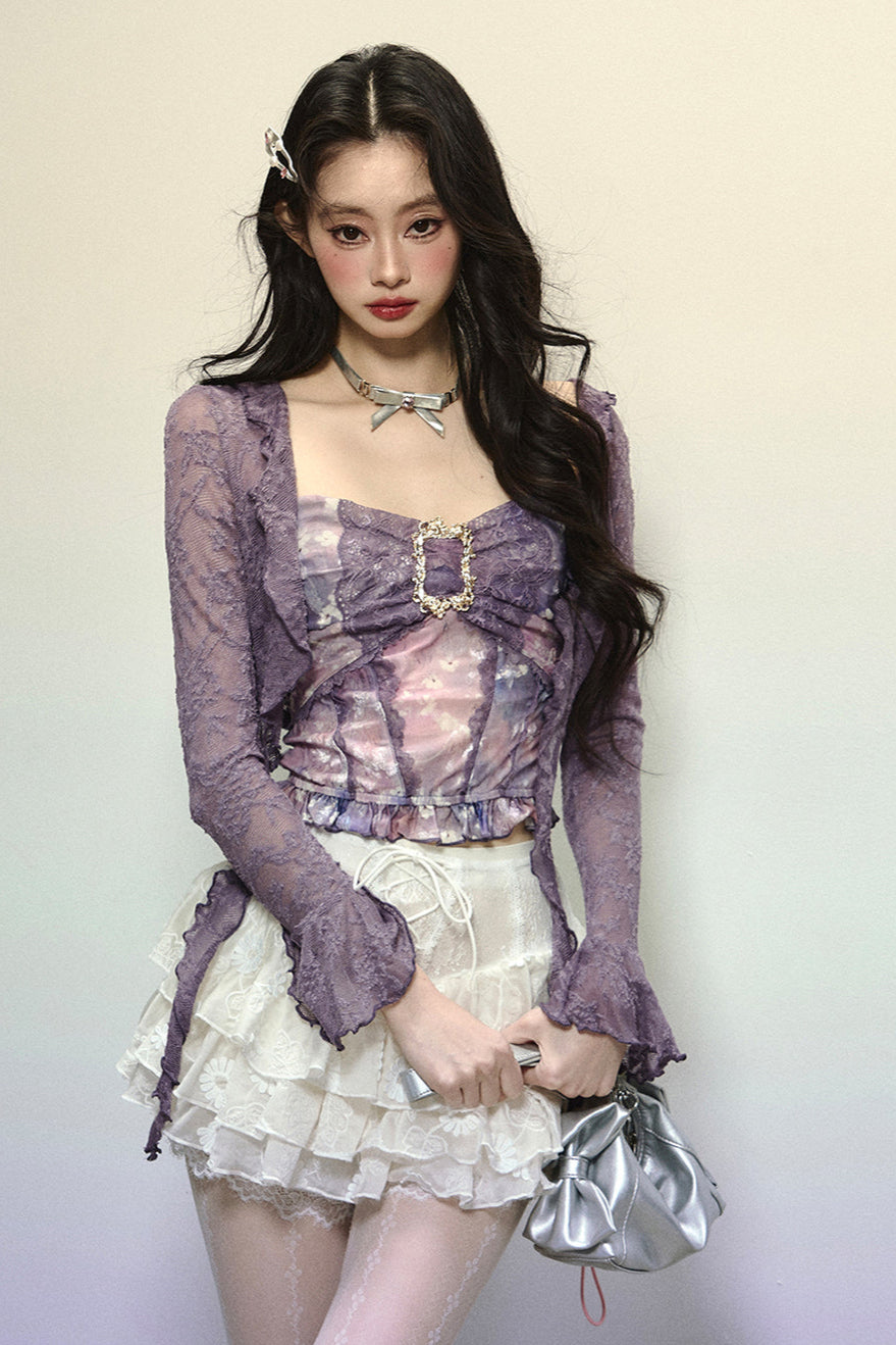 Dark purple lace cardigan + retro design tube top