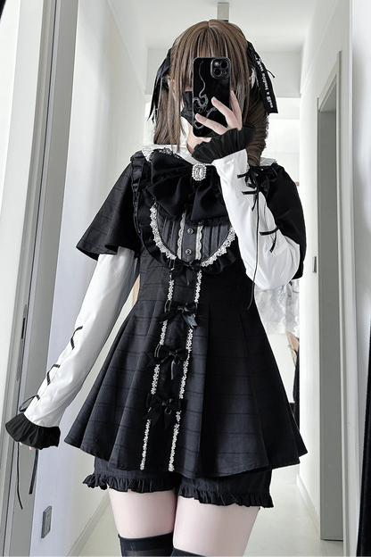 【3月1日予約締切】グレーブラックジュエルリボンフリルドレス＋ロングスリーブ＋ショートパンツフルセット