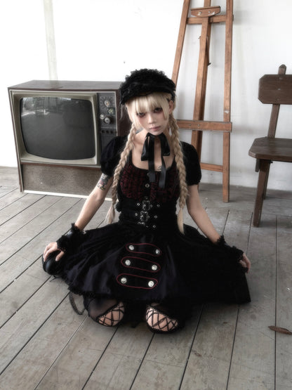 Original from Jiuyu Market: Black and Red Plaid Puff-Sleeve Knit Top with Military-Style Mesh Cake Skirt Set