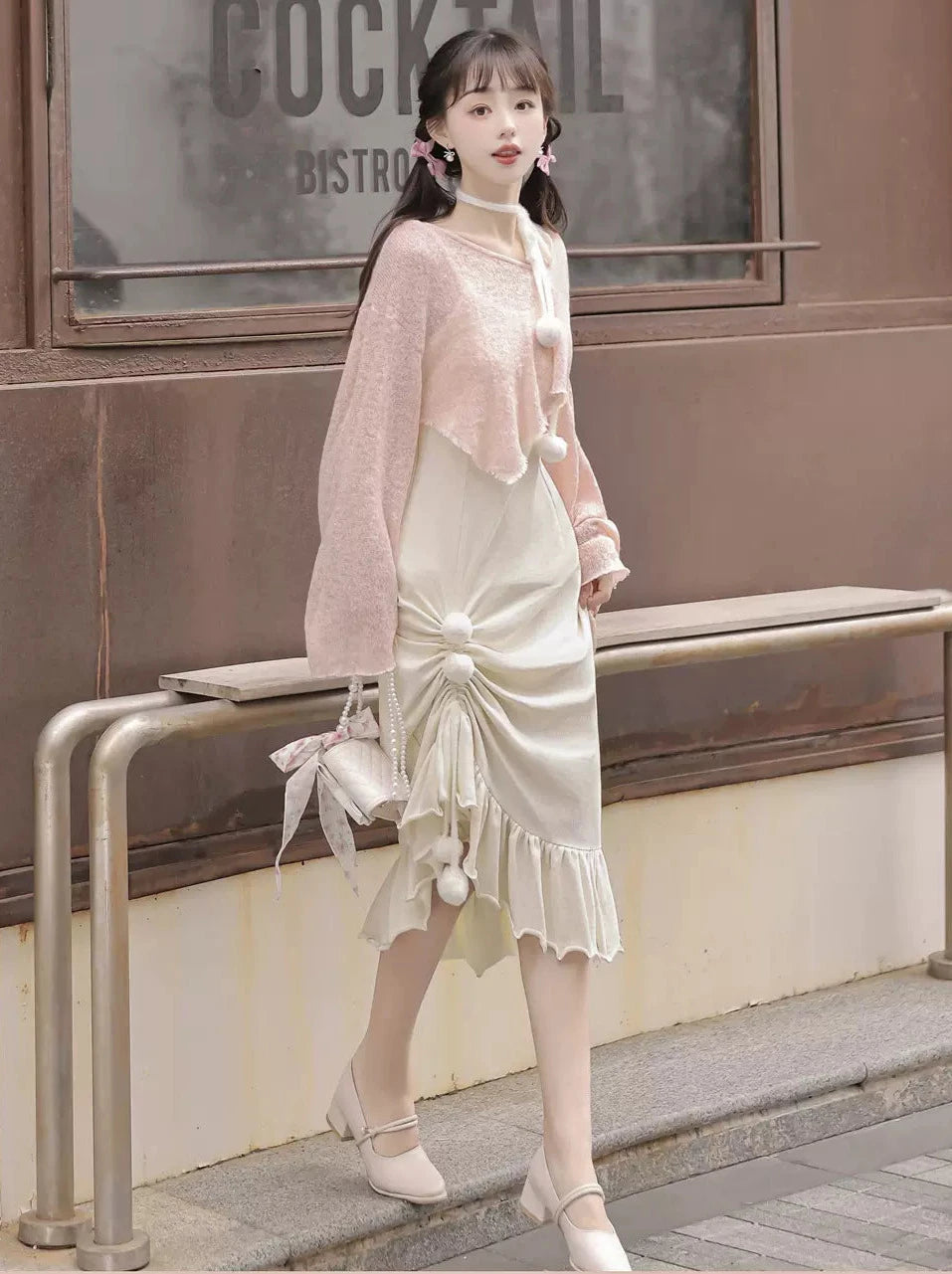 Sweet Girly China Asymmetrical Sheer Top + Suspender Dress