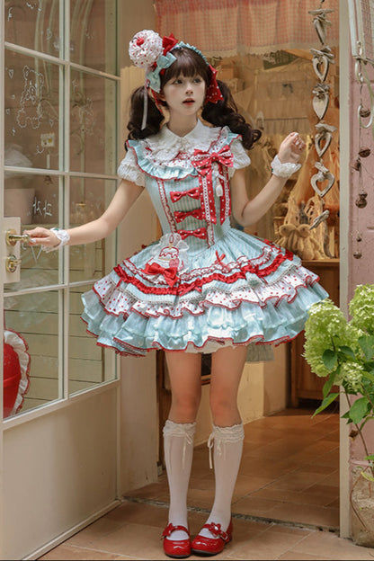 [Pre-order Deadline: September 27] Twin Tiered Lolita Dot Ribbon Striped Dress + Flower Bud Skirt Dress
